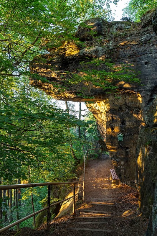 Baptism stone on Bernhardstein in the morning, Saxon Switzerland, Saxony, Germany