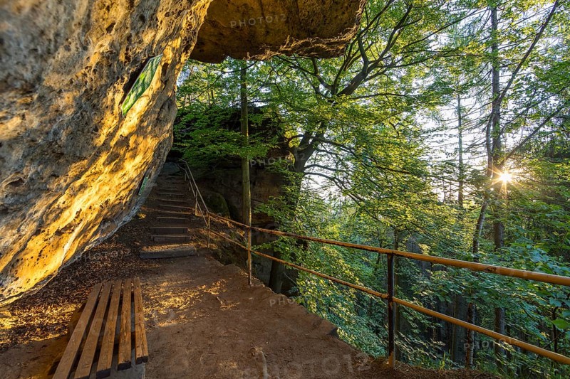 Baptism stone on Bernhardstein in the morning, Saxon Switzerland, Saxony, Germany