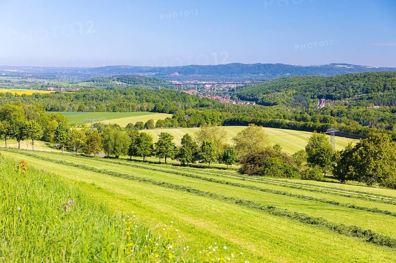 View from Cottaer Spitzberg to Pirna with Gottleubatal and the Gottleubatal Bridge under construction, Saxon Switzerland, Saxony, Germany
