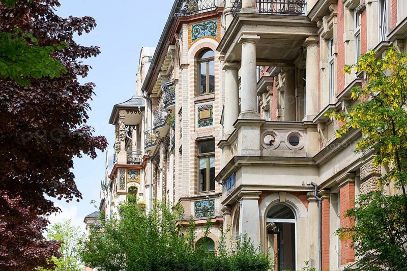Majolica houses by architect Reinhold Siebert, richly decorated town houses in early Art Nouveau, residential complex, Art Nouveau villas and Wilhelminian era buildings on the Kaßberg, Chemnitz, Saxony, Germany
