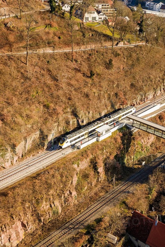 Aerial view of a railway scene in hilly surroundings, test run on the new Hermann-Hesse railway with Siemens Mireo Plus B trains, Calw, Germany