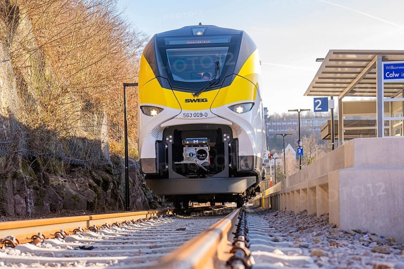 Modern train viewed from the front, under bright sunshine, test run on the new Hermann-Hesse railway with Siemens Mireo Plus B trains, Calw, Germany