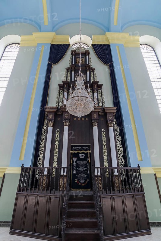 A parochet, curtain in front of the Torah shrine in the restored Choral Synagogue, built from 1842-1865, Drochobych, Ukraine