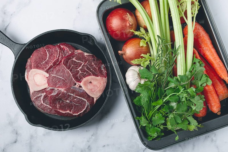 Sknuckle on the bone, raw meat for ossobuco, in a cast-iron pan, baking sheet with vegetables, top view, no people