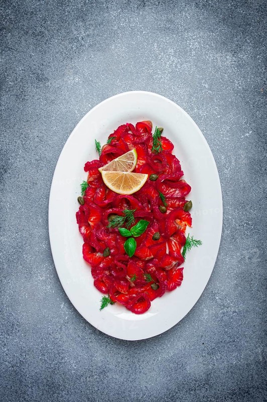 Salmon gravlax with beetroot, Scandinavian snack, beet gravlax, lightly salted fish, homemade, no people