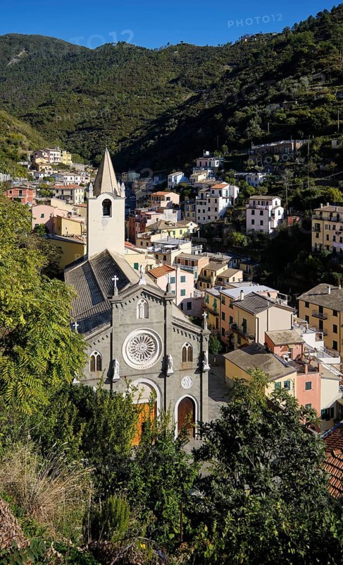 View of picturesque village of Riomaggiore with church and colorful houses in a green, hilly landscape, Cinque Terre, La Spezia province, Liguria, Italy