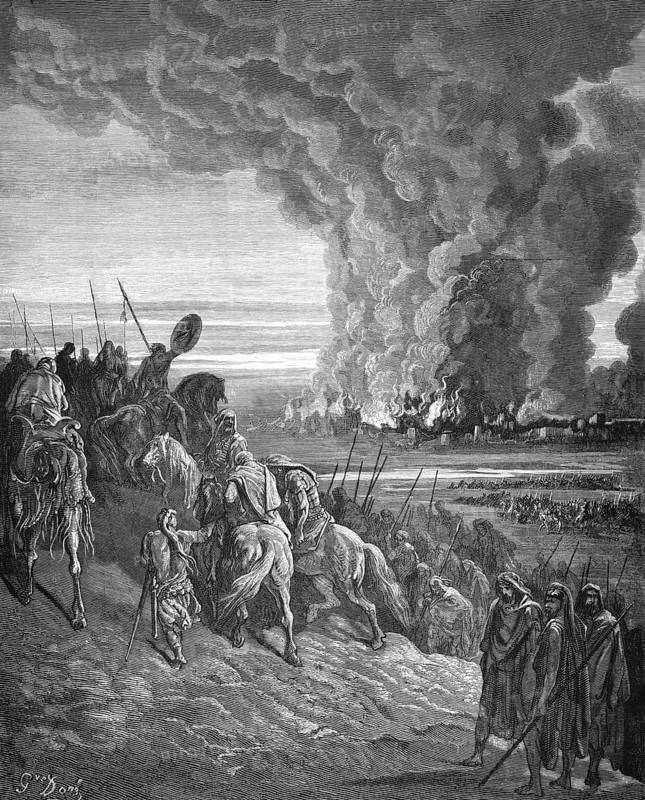 Destruction of the city of Ai or Hai, book of Joshua, chapter 8, verse 20, Bible, Old Testament, history, fire, flames, smoke, exodus, flight, expel, mountain, crowd, grief, fear, homeless, inhabitants, horses, warriors, plain, historical illustration after Gustave Doré around 1880