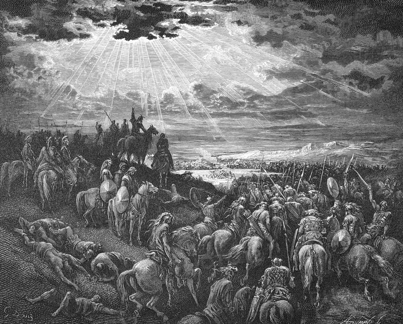 Joshua commands the sun to stand still, book of Joshua, Joshua prays, sun stand still over Gibeon, chapter 10, verse 12, Bible, Old Testament, story, cavalry, horses, warriors, weapons, battle, rays of light, clouds, bow and arrow, shields, armor, hill, valley, mountain landscape, standstill, historical illustration based on Gustave Doré around 1880