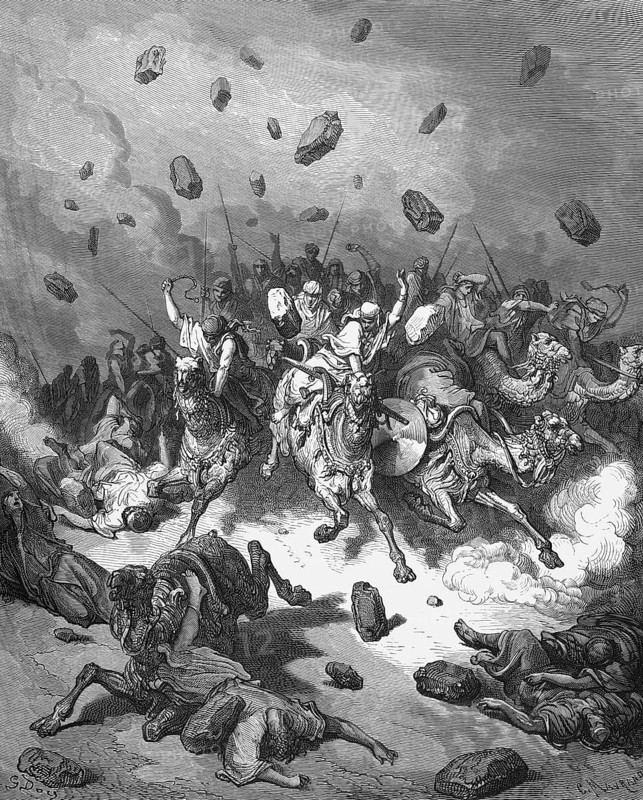 Joshua's victory over the Amorites, God dropped stones from heaven that killed more Amorites than the Israelites with the sword, book of Joshua, chapter 10, verse 11, Bible, Old Testament, story, boulders, fly, kill, drive away, flee, rider, warrior, people, camels, whip, dead, fear, terror, quick, historical illustration based on Gustave Doré around 1880