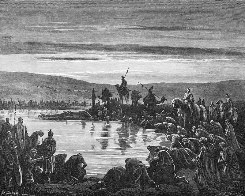Gedeon's choice of warriors, God said, Whoever slogs the water like a dog with his tongue, with whom will I save Israel, book of judges, chapter 7, verses 5 and 7, Bible, Old Testament, history, water source, army, drink, vessel, cup, mouth, 300 men, slog down, camels, military leaders, fight, select, choose, historical illustration based on Gustave Doré around 1880