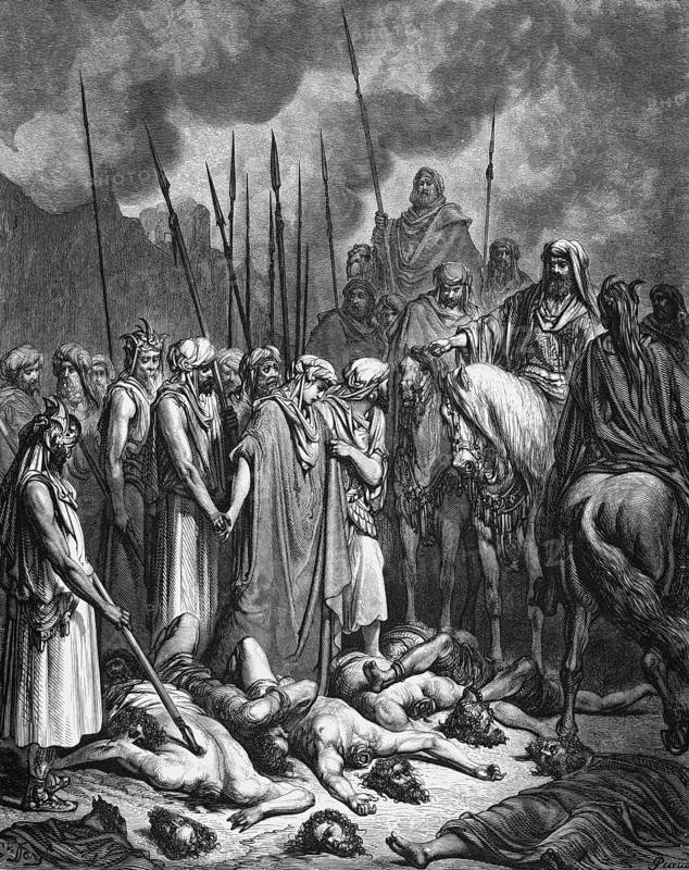 Joshua spares Rahab, Joshua let the harlot Rahab and her family live, book of Joshua, chapter 6, verse 25, Bible, Old Testament, history book, scout, Jericho, spy, spy, task, warrior, group, spears, rider, dead, beheaded, head cut off, cruel, grief, spare, life, woman, historical illustration based on Gustave Dorve é around 1880