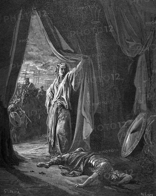 Jael or Jahel and Sissera, Sisera lies dead on the ground, book of judges, chapter 4, verse 22, Bible, Old Testament, story, search, tent inside, dead warrior, armor, shield, curtain open, woman, rider, lances, historical illustration after Gustave Doré around 1880