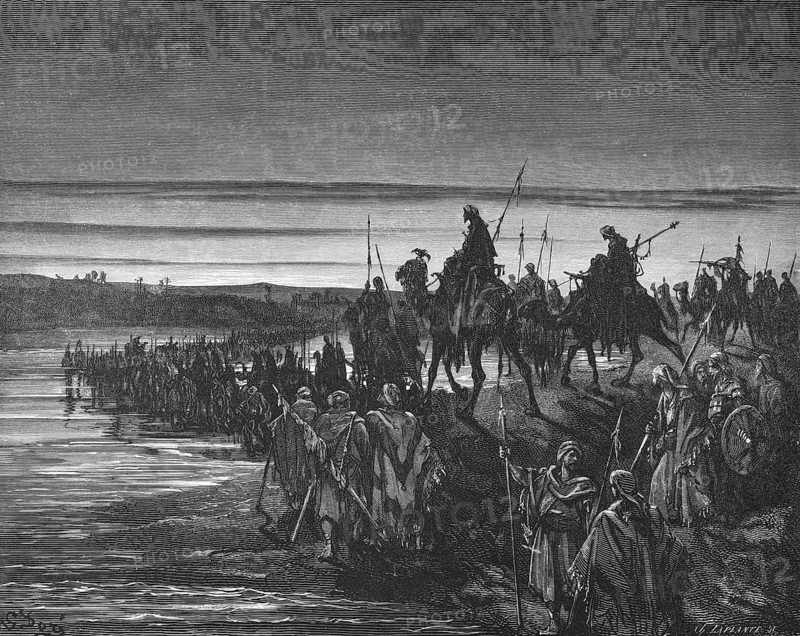 The Israelites walk through the Jordan, crossing the dry riverbed with the Ark of the Covenant, book of Joshua, chapter 3, verse 17, Bible, Old Testament, history book, priest, people, crowd, migration, homeland, spears, lances, camels, riding, river, help, God, historical illustration after Gustave Doré around 1880