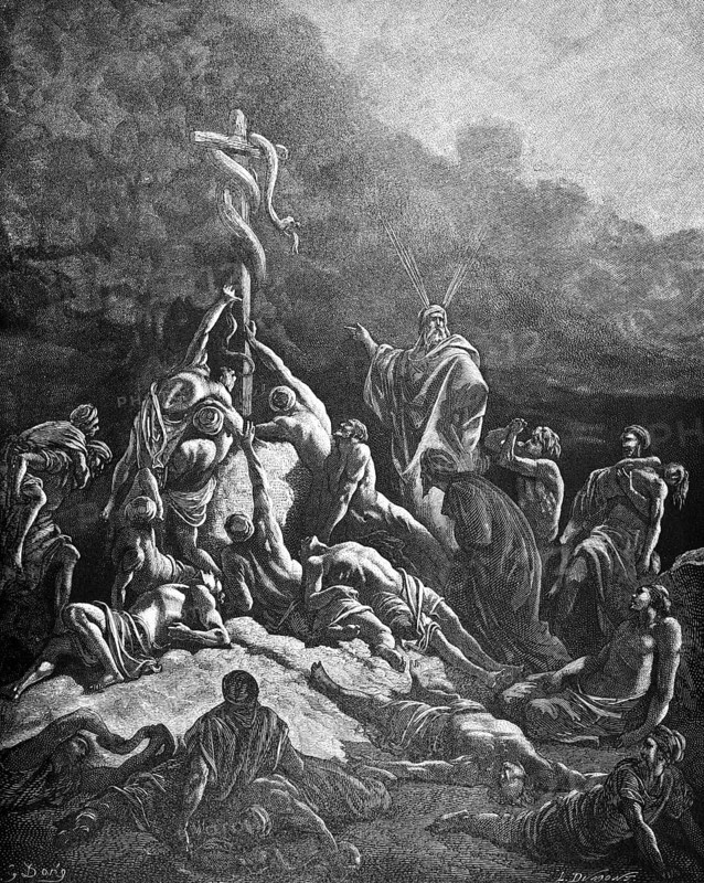 The Iron Serpent, Fourth Book of Moses, made a bronze snake and put it on a field sign, who was bitten stayed alive, chapter 21, verse 9, Bible, Old Testament, numbers, book of law, history, bite, men, misery, despair, die, live, God, dark clouds, historical illustration based on Gustave Doré around 1880