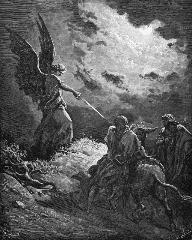Balaam's donkey, the Lord opened Balaam's eyes and he could see the angel, fourth book of Moses, chapter 22, verse 31, Bible, Old Testament, numbers, book of laws, story, drawn sword, rider, cow, sun, bushes, blind, miracle, will, historical illustration based on Gustave Doré around 1880