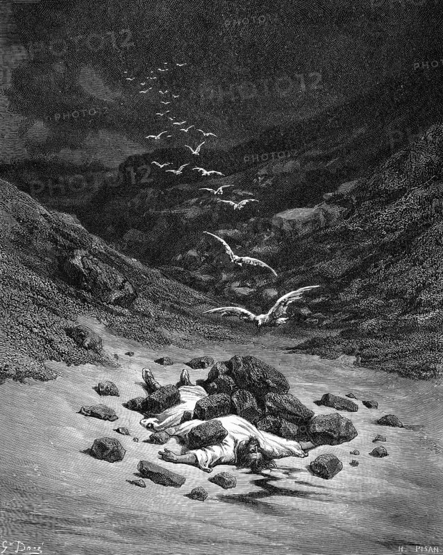 The stoning of Achan, Israelites stone Achan in the Achor valley, book of Joshua, chapter 7, verse 25-26, Bible, Old Testament, story, pile of stones, misfortune, death, betrayal, flock of birds, flying, burying, mountains, dying, cruel, historical illustration based on Gustave Doré around 1880