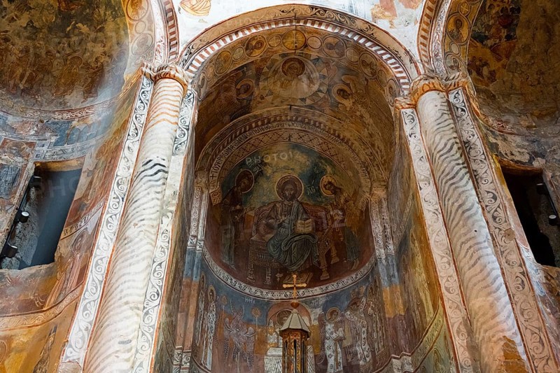 Apse with detailed frescoes and religious depiction in an ancient church, Nikorzminda Cathedral, Racha-Lechkhumi region, Lower Svaneti, Georgia