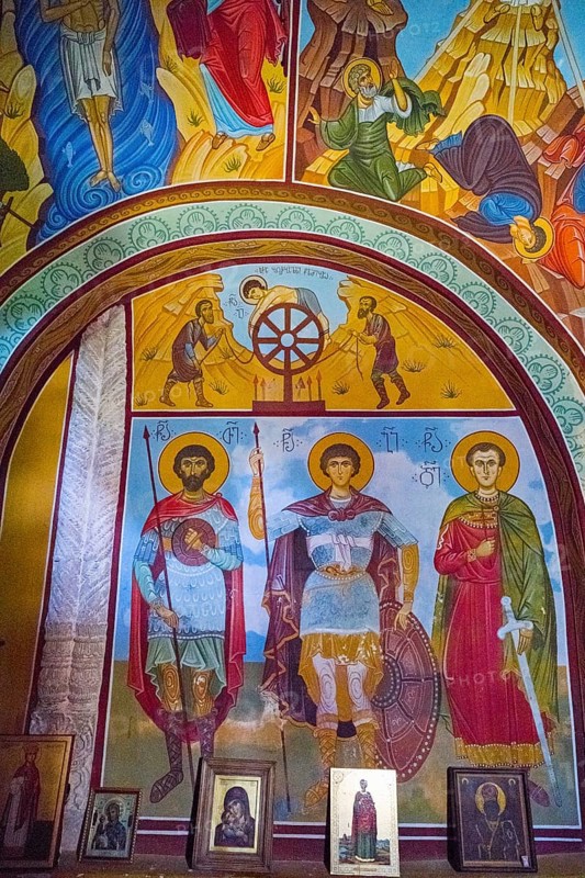 Orthodox icons and frescoes depicting religious figures and colors in a church, Nikorzminda Cathedral, Racha-Lechkhumi region, Lower Svaneti, Georgia