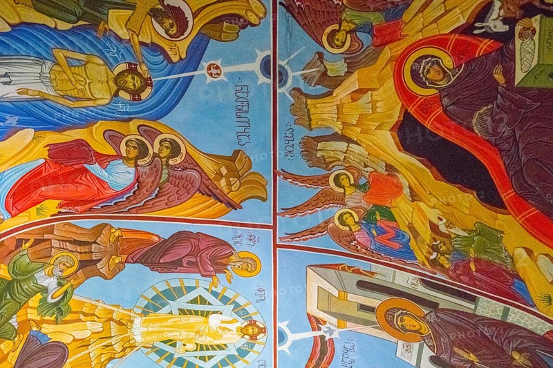 Detailed ceiling frescoes with religious motifs and depictions of angels in a church, Nikorzminda Cathedral, Racha-Lechkhumi region, Lower Svaneti, Georgia