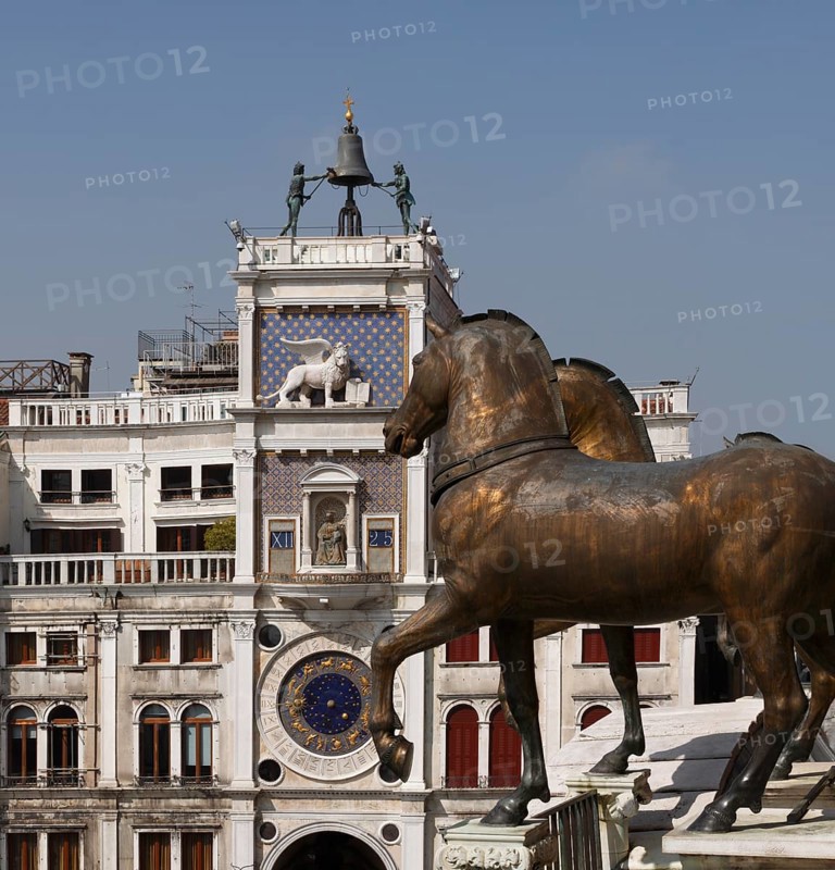 The Quadriga of St. Mark's Basilica, are a group of copies of the four life-size gilded bronze sculptures, Loggia dei Cavalli on the west portal of St. Mark's Basilica, Venice, Veneto, Italy