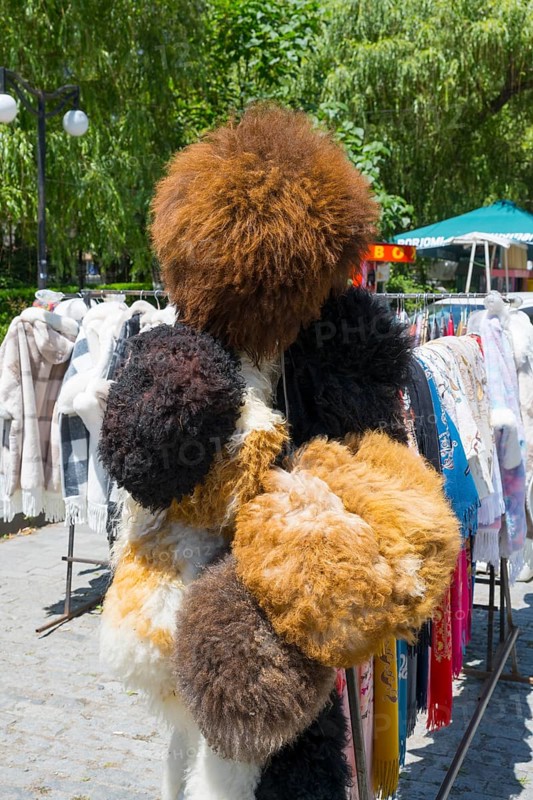 Fur hats on display at a market outside, Borjomi, Borjomi resort, Borjomi, Samtskhe-Javakheti region, Samtskhe-Javakheti, Lesser Caucasus, Georgia