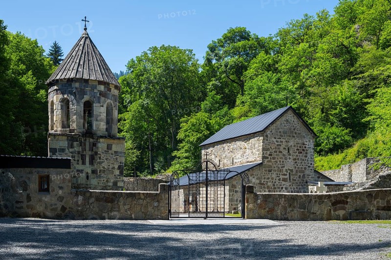 Church complex with stone structures and an open gate, Chitakhevi Church of St. George, The Green Monastery, Mtsvane Monastery, Samtskhe-Javakheti Region, Samtskhe-Javakheti, Georgia