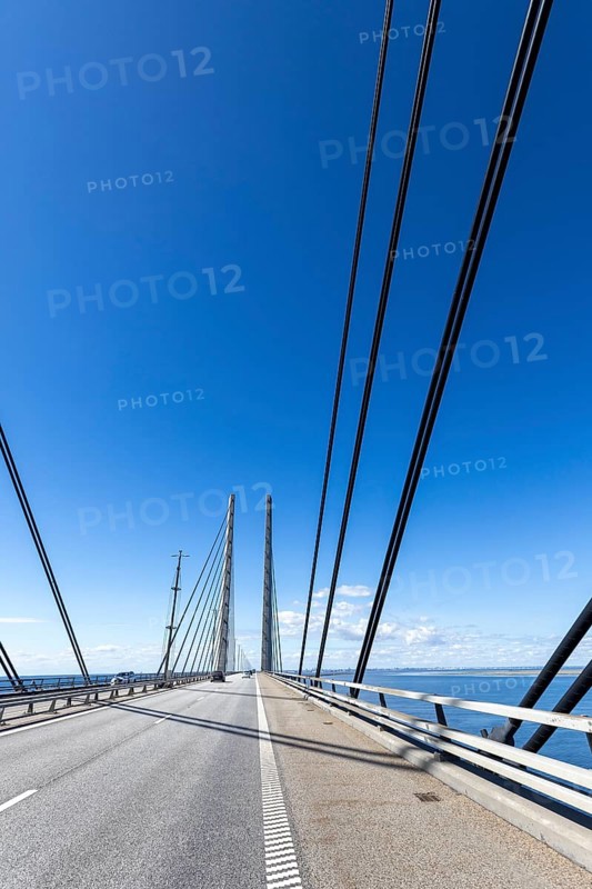 Roadway on the Öresund Bridge, Øresundsbrön, world's longest cable car bridge, connecting Copenhagen with Malmö, Denmark, Sweden