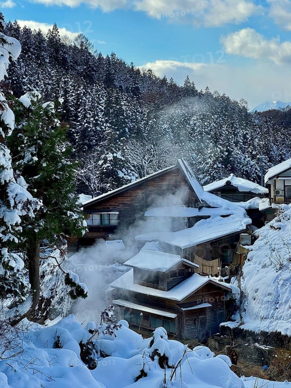 Snowy wooden houses in a wooded area with smoke rising under clear blue sky, winter, snow, Jigokudani Yaen Koen, Snow Monkey Park, Japanese macaques, Yamanochi, Nagano, Japan