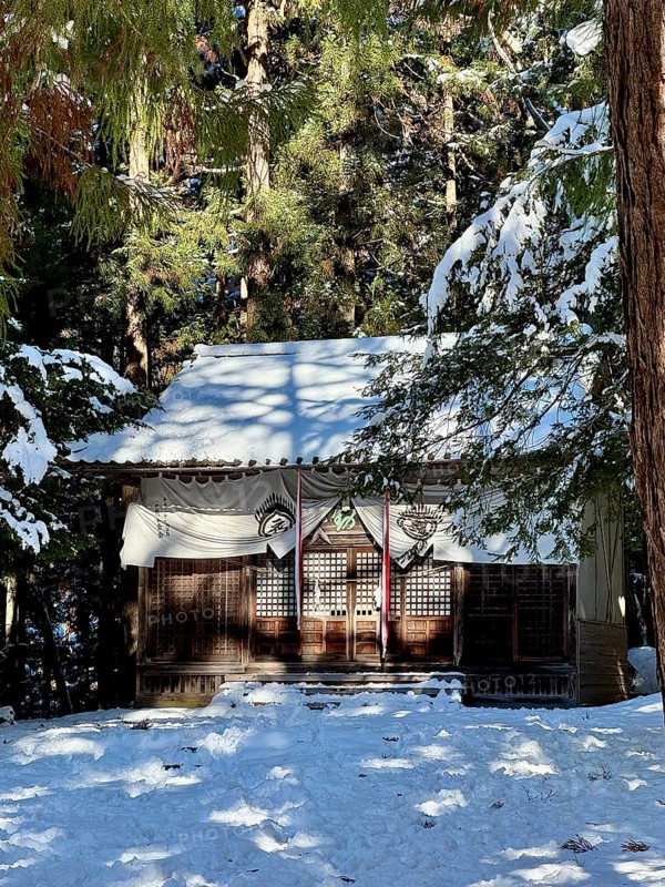 A shrine in the forest covered with snow surrounded by tall trees and wintry atmosphere, winter, snow, Jigokudani Yaen Koen, Snow Monkey Park, Japanese macaques, Yamanochi, Nagano, Japan