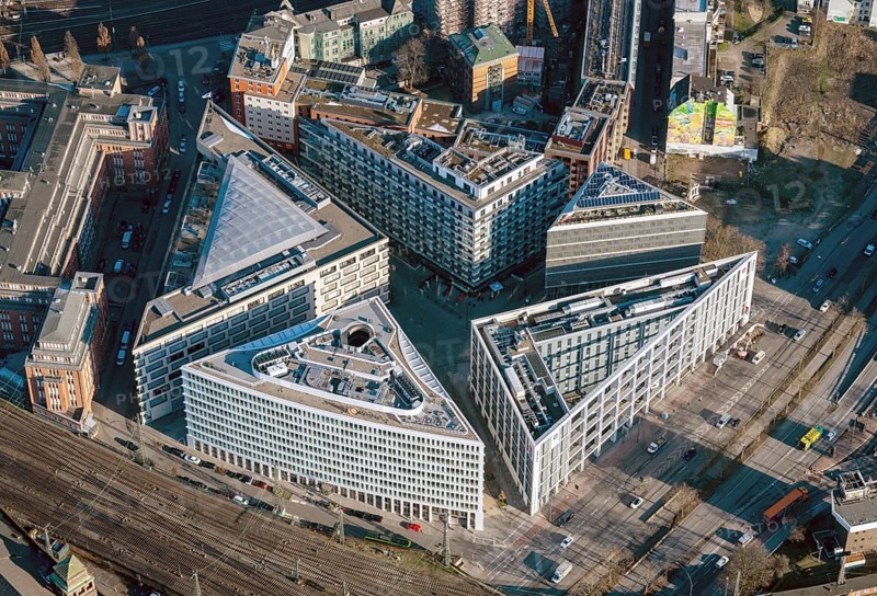 Münzviertel, Hamburg, city center, new building, hotel, office, architecture, triangle, triangular, aerial view, Germany