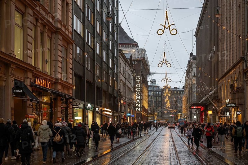 Alexanterinkatu, main shopping street in the city center, designed by Carl Ludwig Engel, with Stockmann department store, Christmas decoration, tram, Helsinki, Finland