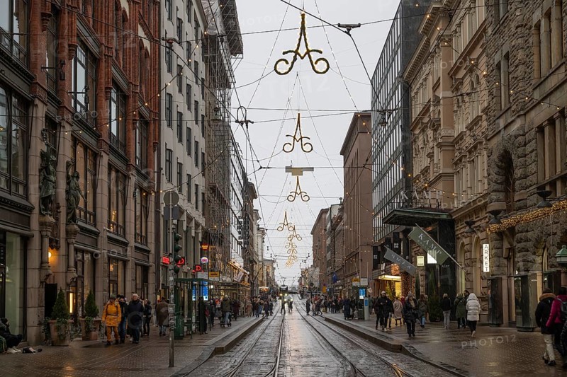 Alexanterinkatu, main shopping street in the city center, designed by Carl Ludwig Engel, Christmas decoration, tram tracks, Helsinki, Finland