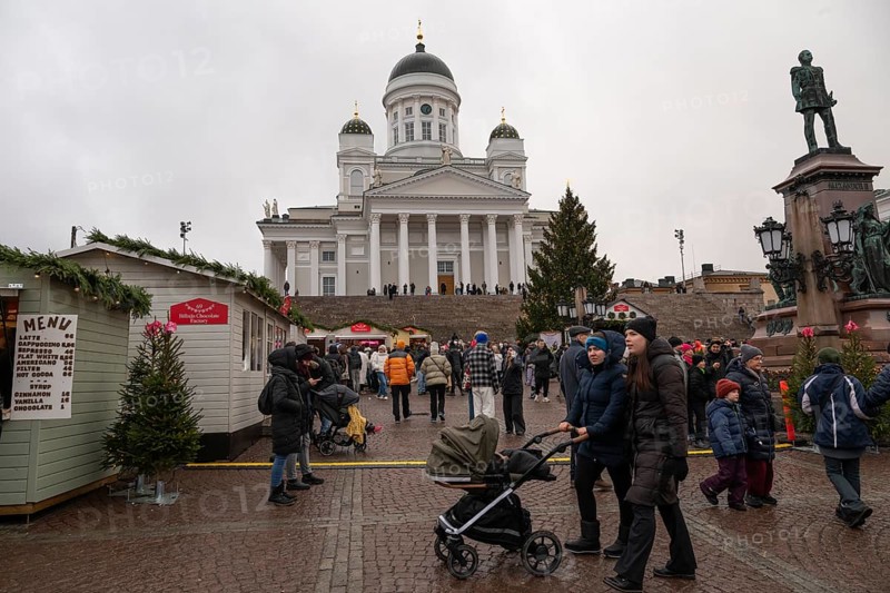 Bustling Christmas market, Senate Square, Helsinki, Finland