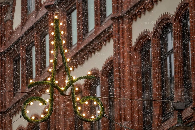 Christmas decoration, snowfall, Alexanterinkatu, main shopping street in the city center, created by Carl Ludwig Engel, Helsinki, Finland