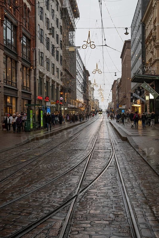 Alexanterinkatu, main shopping street in the city center, designed by Carl Ludwig Engel, Christmas decoration, tram tracks, Helsinki, Finland