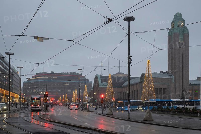 Tram, city center, main train station with Christmas decoration, Helsinki, Finland