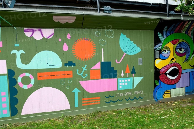 Colourful wall mural with ship, whale and creative patterns, modern art street art, Gothenburg, Västra Götalands län, Sweden