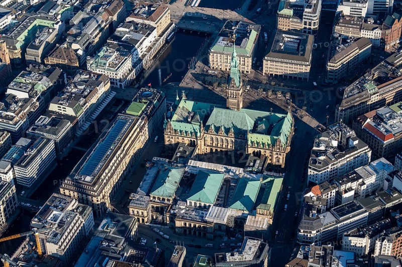 Hamburg, City Hall, Stock Exchange, Rathausmarkt, aerial view, Germany