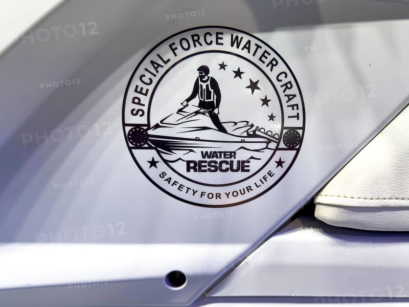 Press photo of logo with lettering Special Force Watercraft Water Rescue on Jetski WR190 TAC by Wasserschutzpolizei, Germany