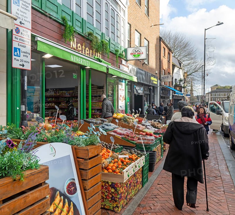 Nefertiti fruit and vegetable greengrocer shop in town centre of Reading, Berkshire, England, UK