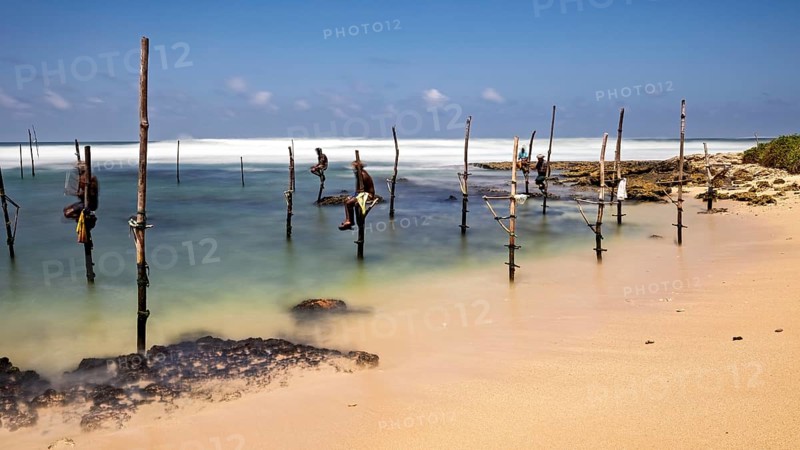 Fishermen on wooden posts in the turquoise water of a beach, Koggala beach with stilt fishermen in Sri Lanka