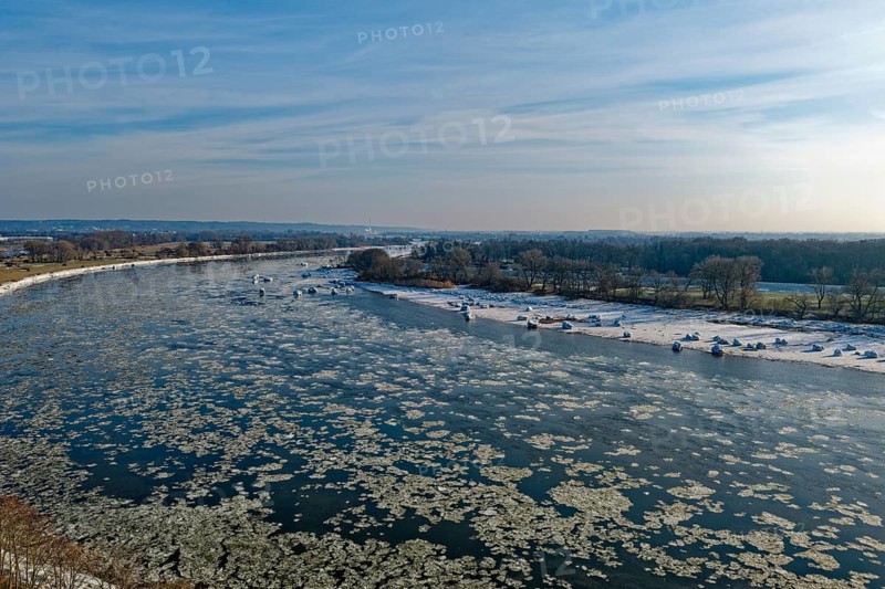 Ice rink on the Elbe near Hamburg near the Schwinder Haken off the Elbe island of Geesthacht. aerial view. Hamburg, Germany