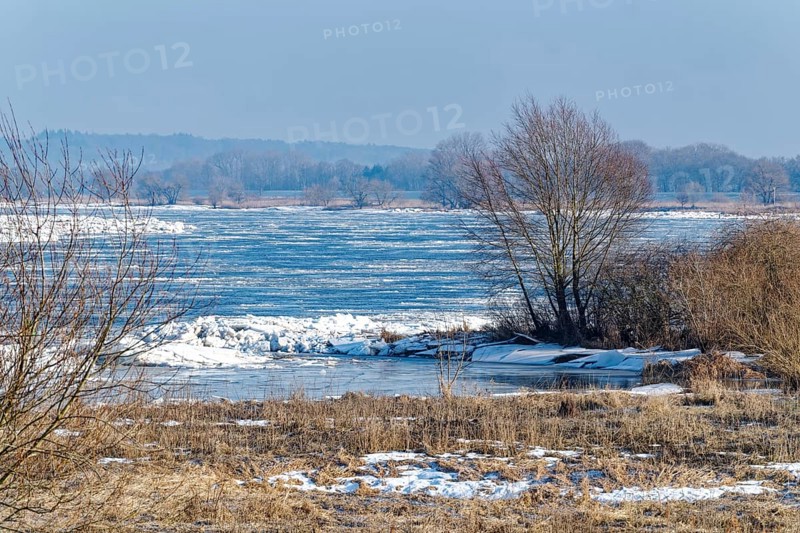 Ice skating on the Elbe and remnants of snow in the foothills of the Elbe on a clear winter day. Hohnstorf, Lüneburg District, Lower Saxony, Germany