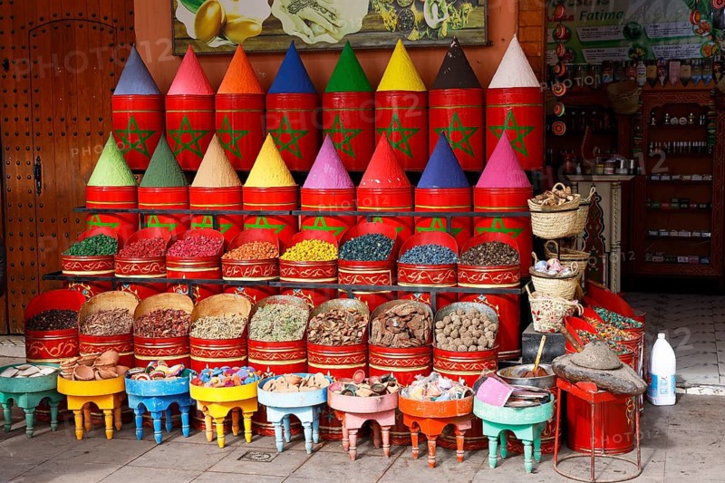 Sales stand selling spices and herbs at a market in Marrakech, historic old town, Medina, UNESCO World Heritage Site, Morocco