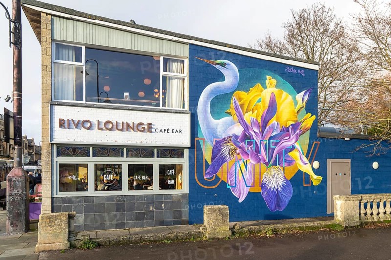 Mural painting UNITY by Sophie Mess, Rivo Lounge, Public Art Chippenham, Chippenham, Wiltshire, England, UK created autumn 2025