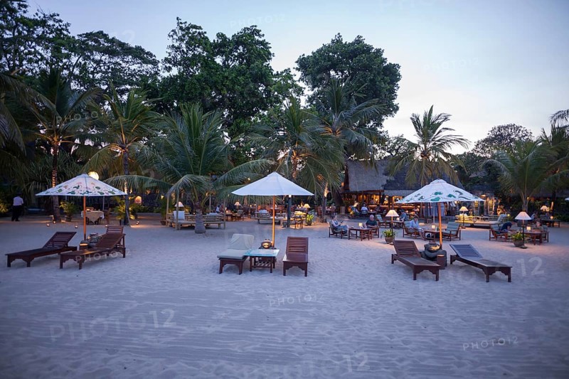 Restaurant on Sanur beach in the evening, Bali, Indonesia