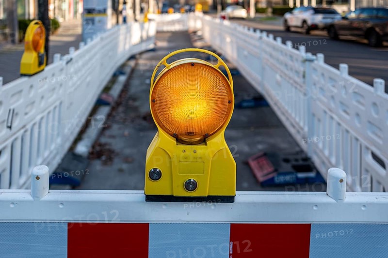 Barriers and nit lights at a road construction site, Berlin, Germany