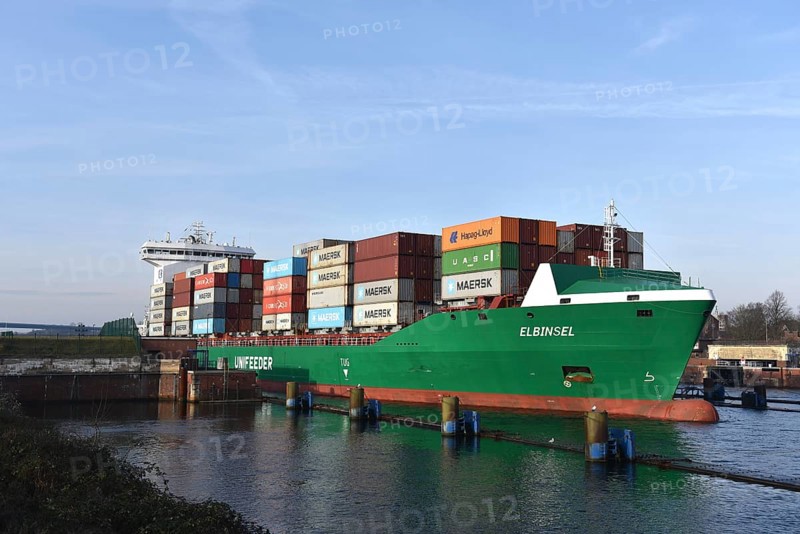 Container ship ELBINSEL leaves Kiel-Holtenau lock and sails to Kiel Fjord, Schleswig-Holstein, Germany