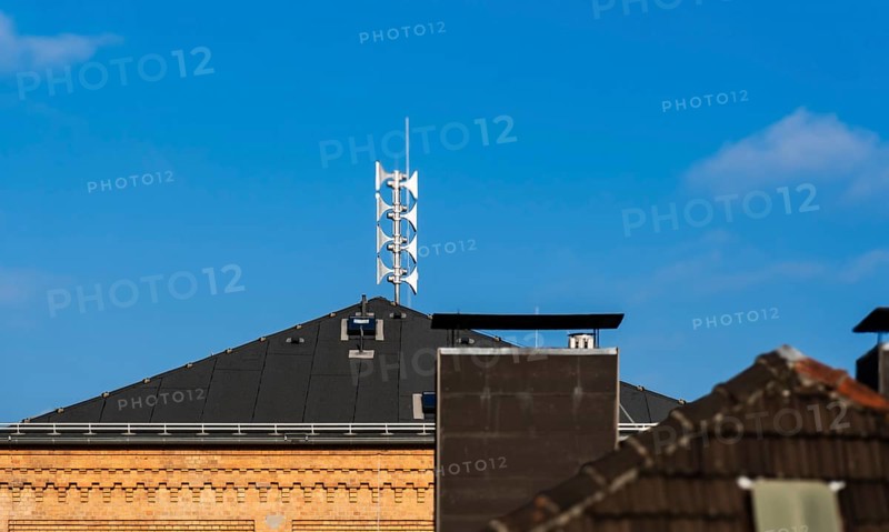 Sirens on the roof of a school building in Wuppertal, Germany