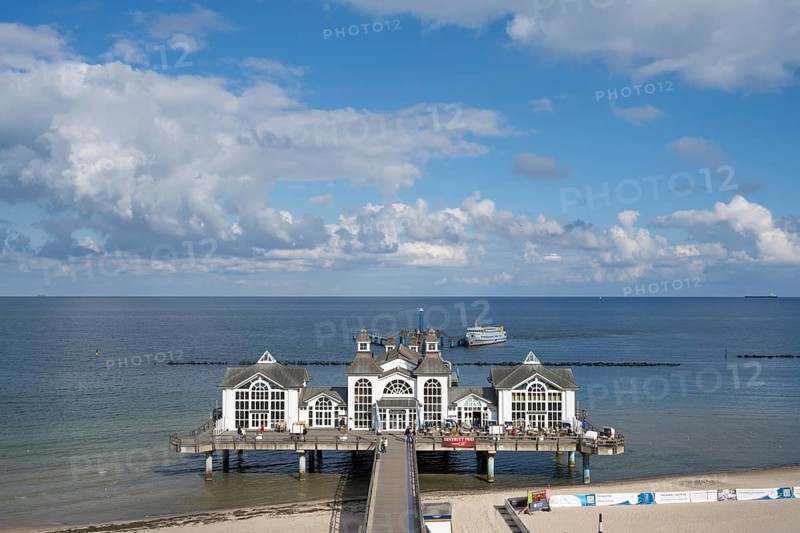 Restaurant on the pier, view from above, Sellin, Baltic resort, Rügen island, Mecklenburg-Western Pomerania, Germany